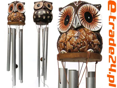 Dzwonek Wietrzny Rzeźba Drewno SOWA Metalowe rurki 8mm